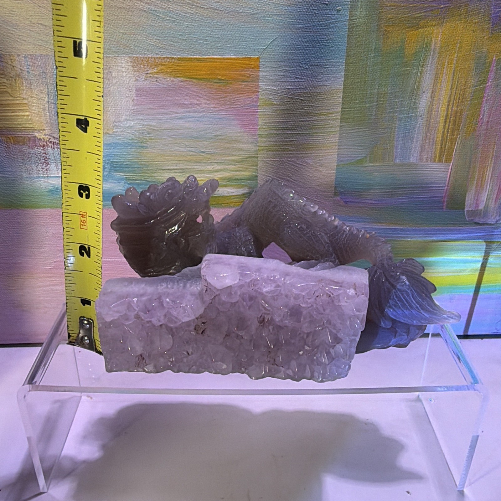 Carved Dragon Figure on Quartz Crystal Cluster Base Decorator Piece, 6 in