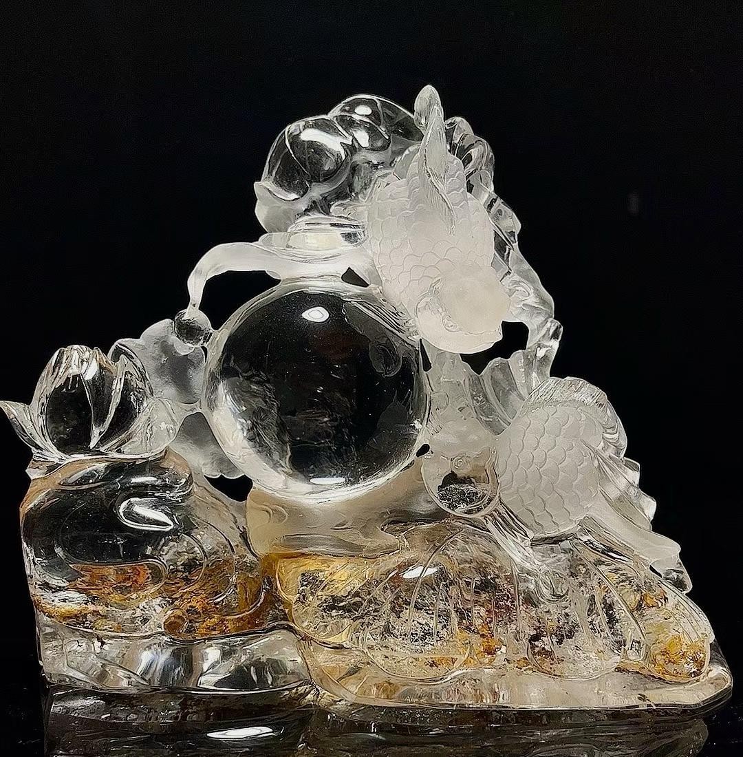 12.2LB Natural crystal fire quartz Carved fish Reiki energy Decor+Stand