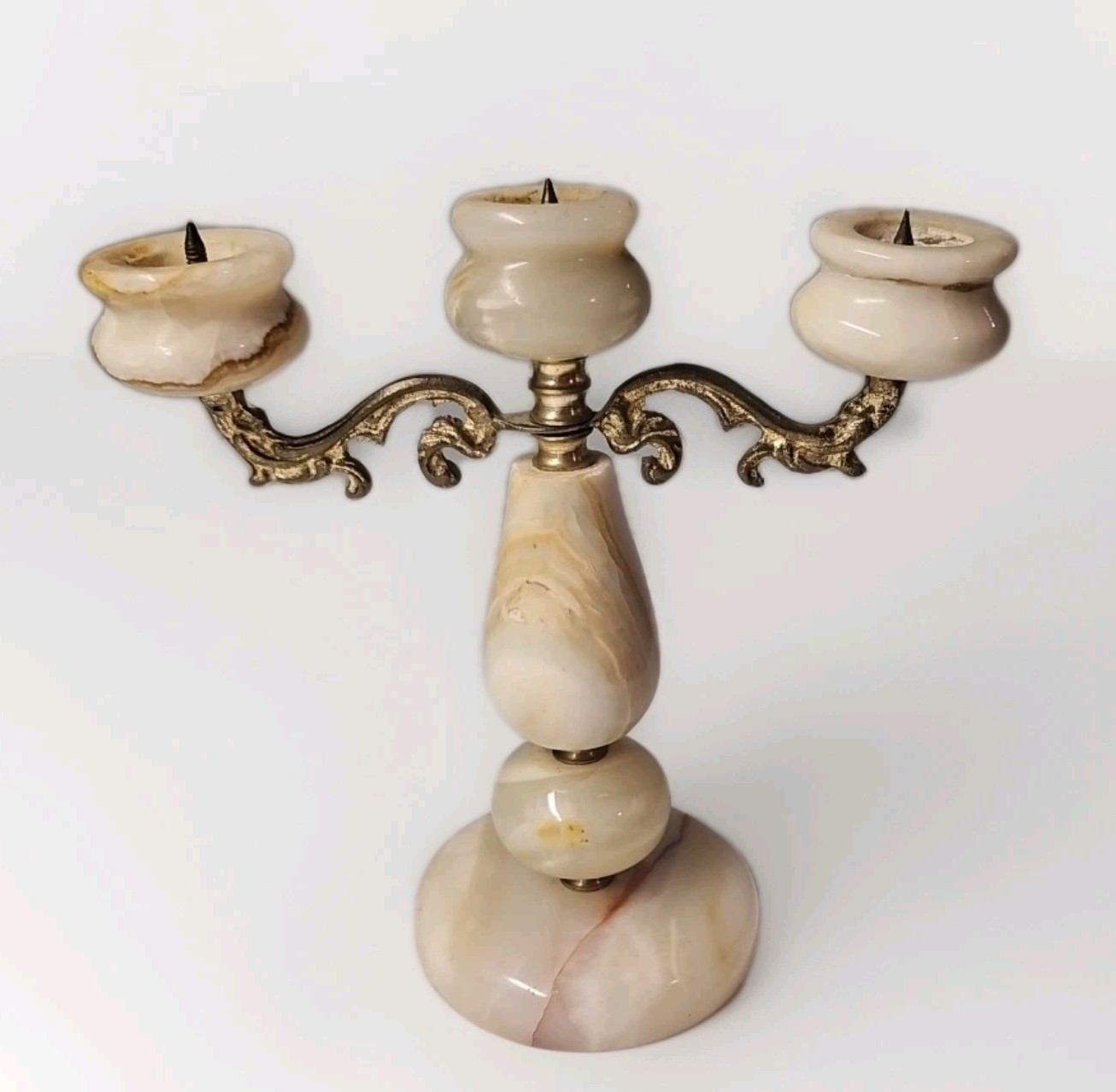 VTG Agate Gemstone and Brass Marbled Carved Candelabra Candle Holder 8″ Tall