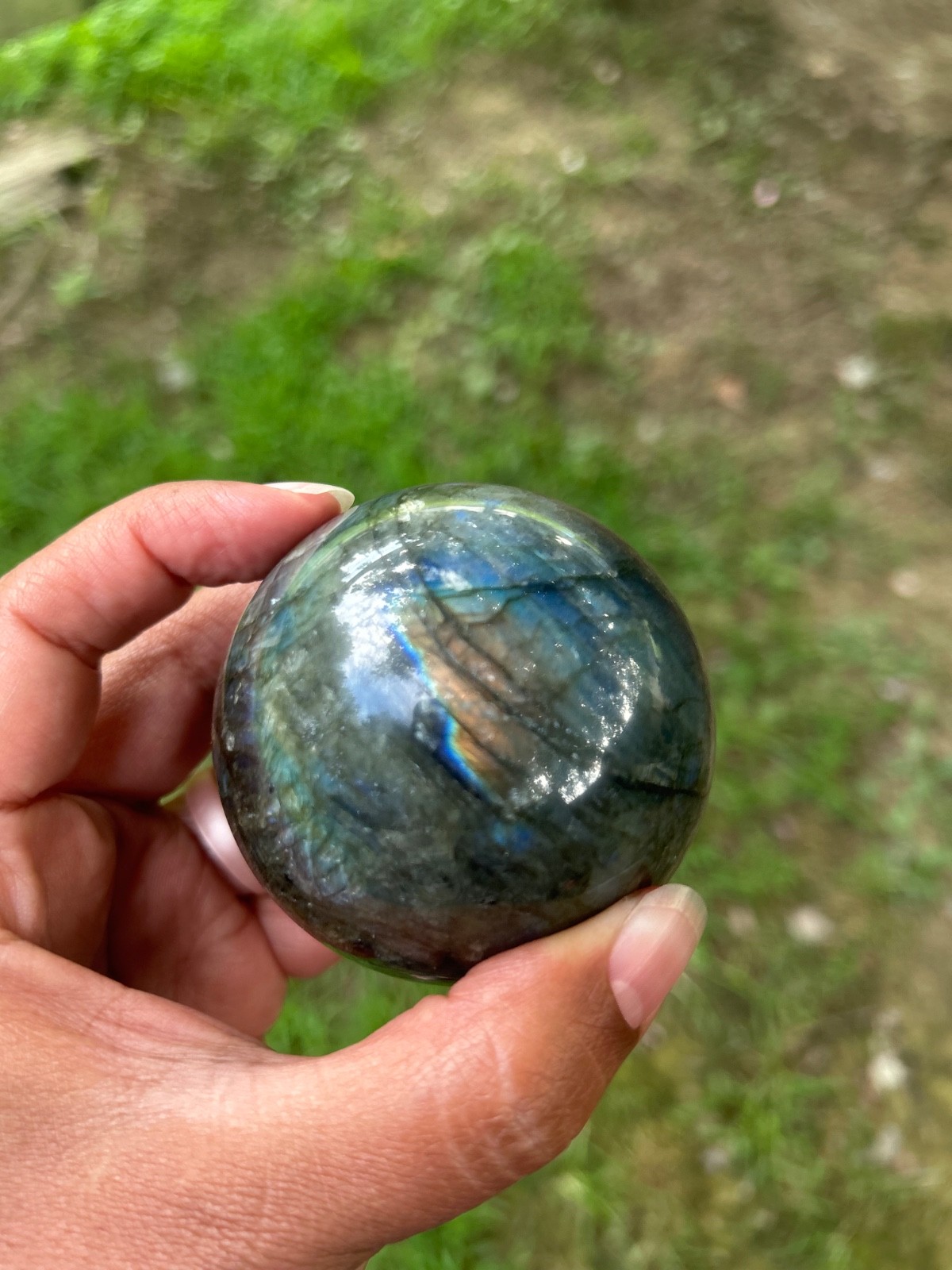 Labradorite crystal sphere, 1 1/2 inches, beautiful colors and flash p