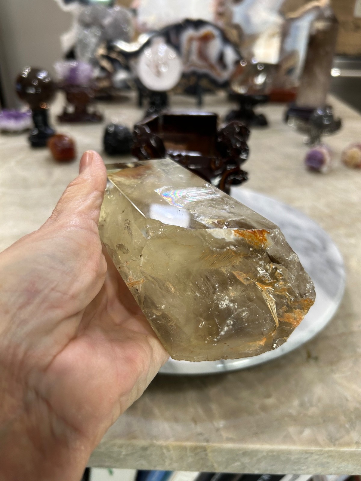 Citrine quartz crystal Freeform tower with custom wood stand
