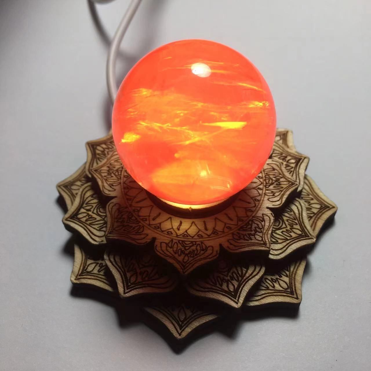 USB 3D Crystal Ball Holder Sphere Display Stand Rechargeable Desktop Wood Base
