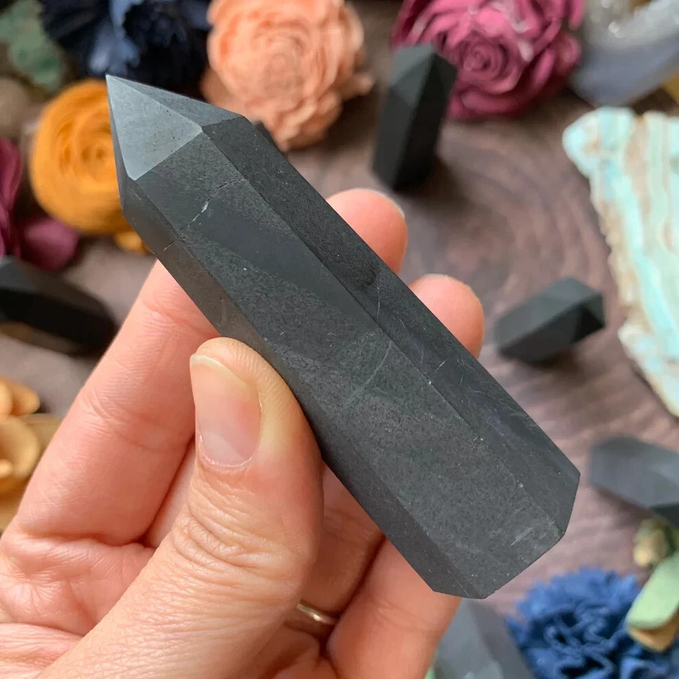 Shungite Crystal Tower Natural Black Stone Point EMF Protection Reiki Home Decor