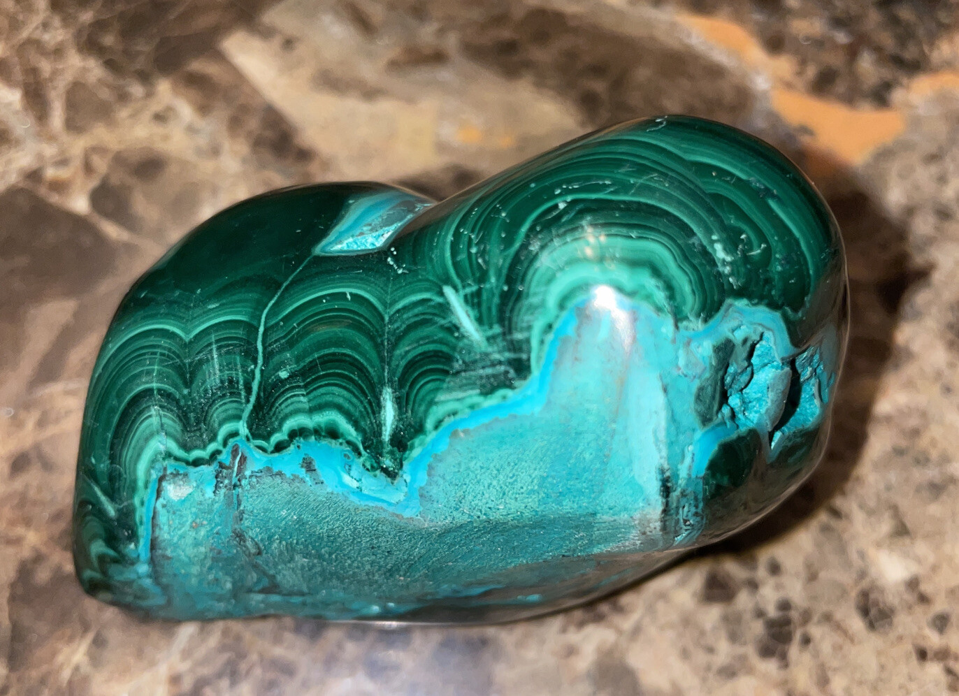6.1oz Dark Green Malachites. Length 2 3/8”, Width 1 3/4”, Height 1 3/8”
