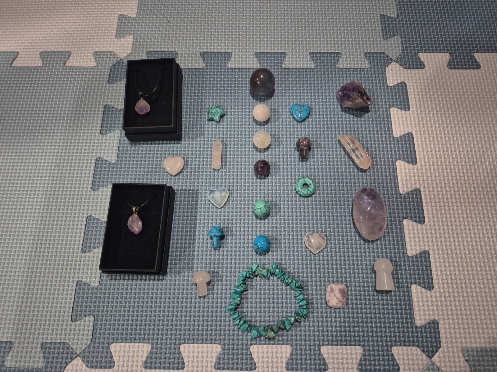 Crystals And Stones Lot C Amethyst, Turquoise, Quartz, Flourite Sphere, Hearts,