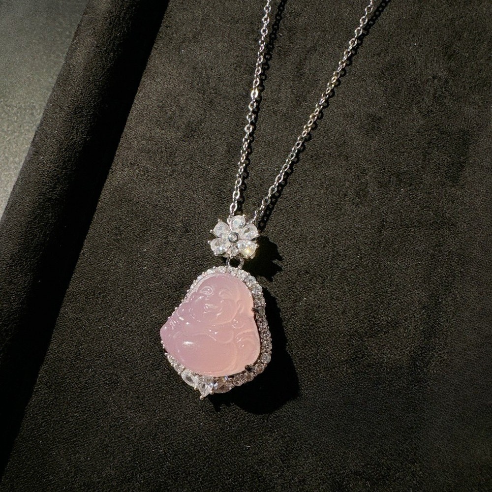 Pink Chalcedony Necklace Cubic Zirconia Pendant Necklace Gemstone Jewelry Gift