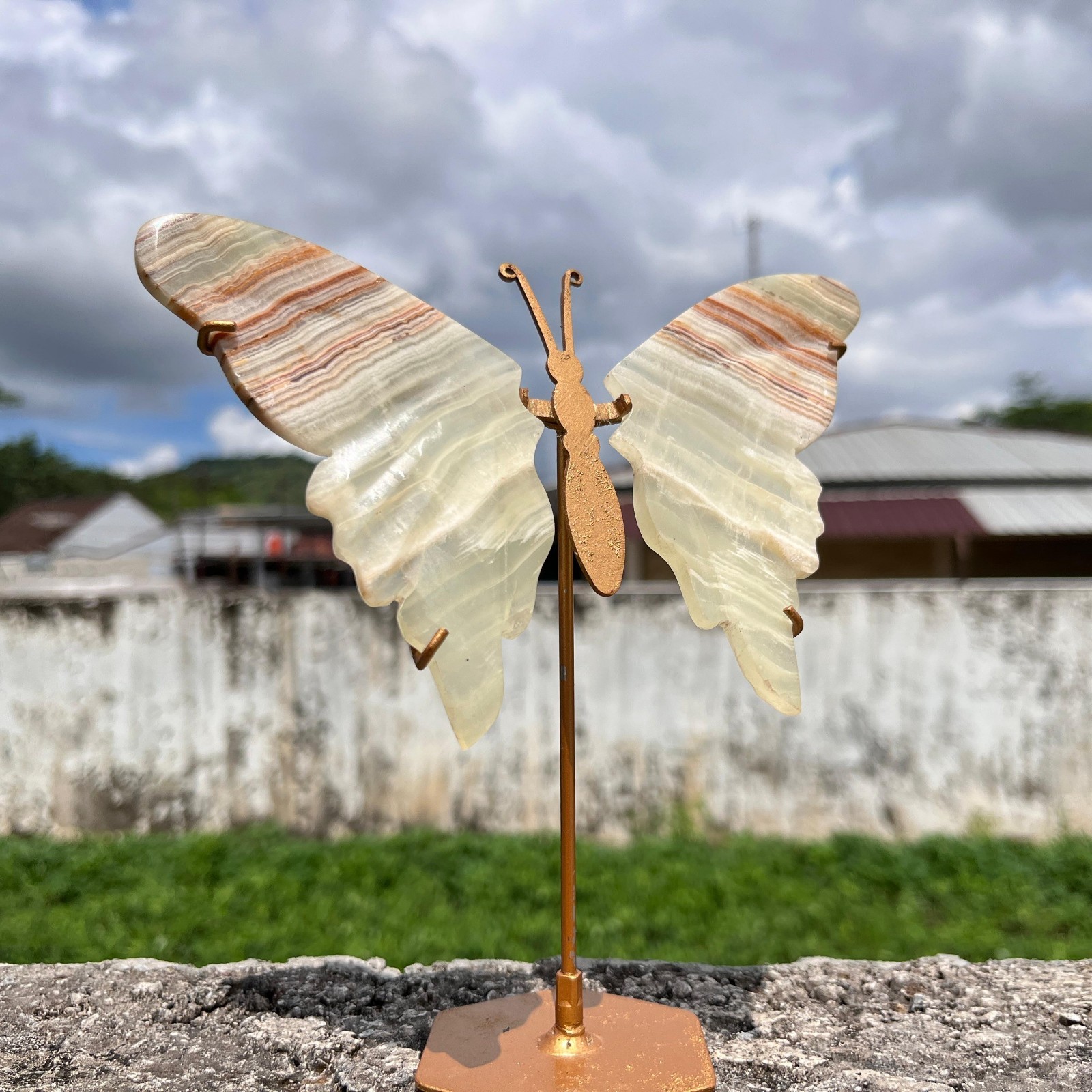 Banded Onyx Butterfly Wings For Display, Healing Quartz Crystal Wing + Stand