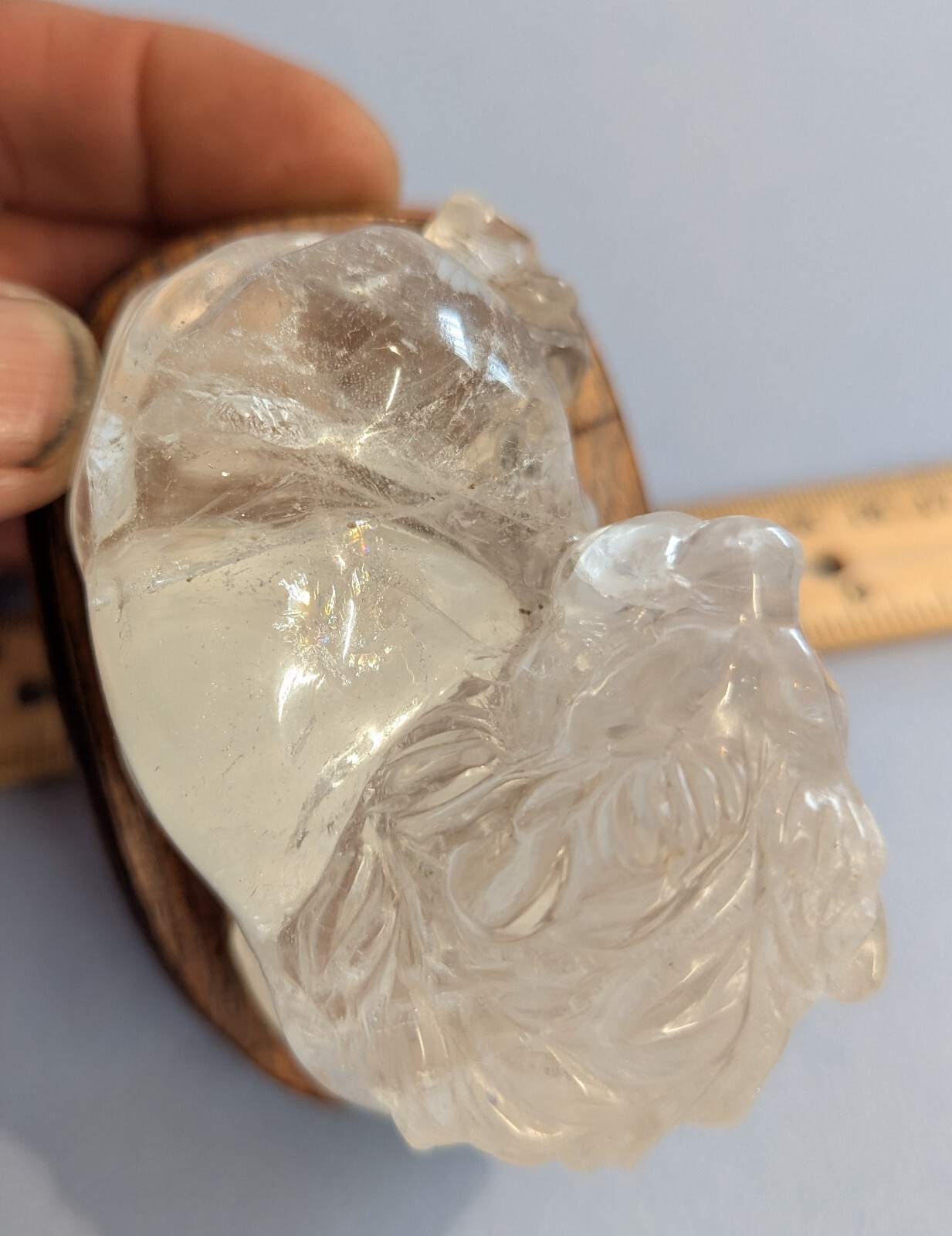 Clear quartz CRYSTAL carved LION with Cherry Wood stand Natural Mineral specimen