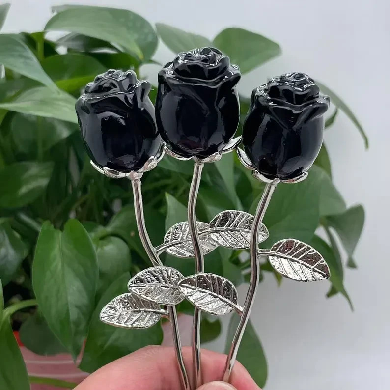 3PCS Genuine Black Obsidian Hand Carved Crystal Flower Healing Reiki Home Decor