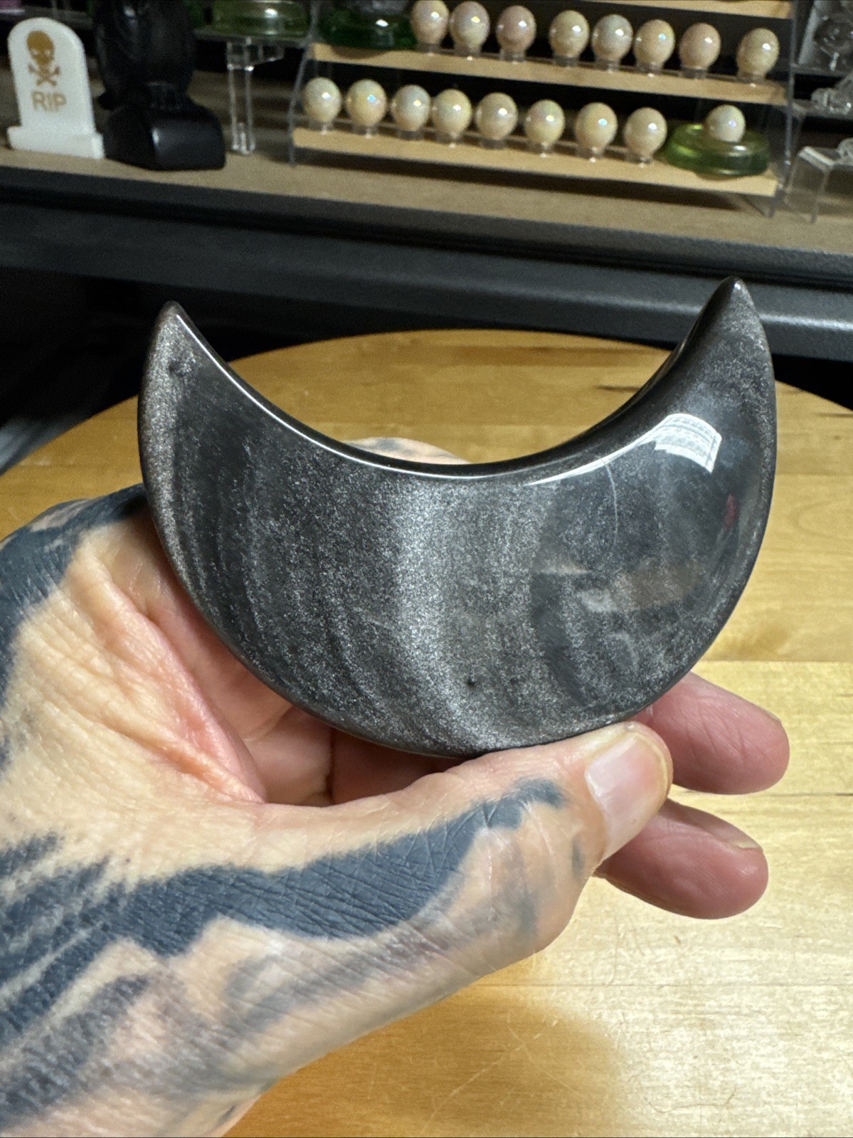 6703 Obsidian Silver Sheen Moon Stand Not Included 2.0”T 3.4”W .6”Th Wt. 4 Oz.