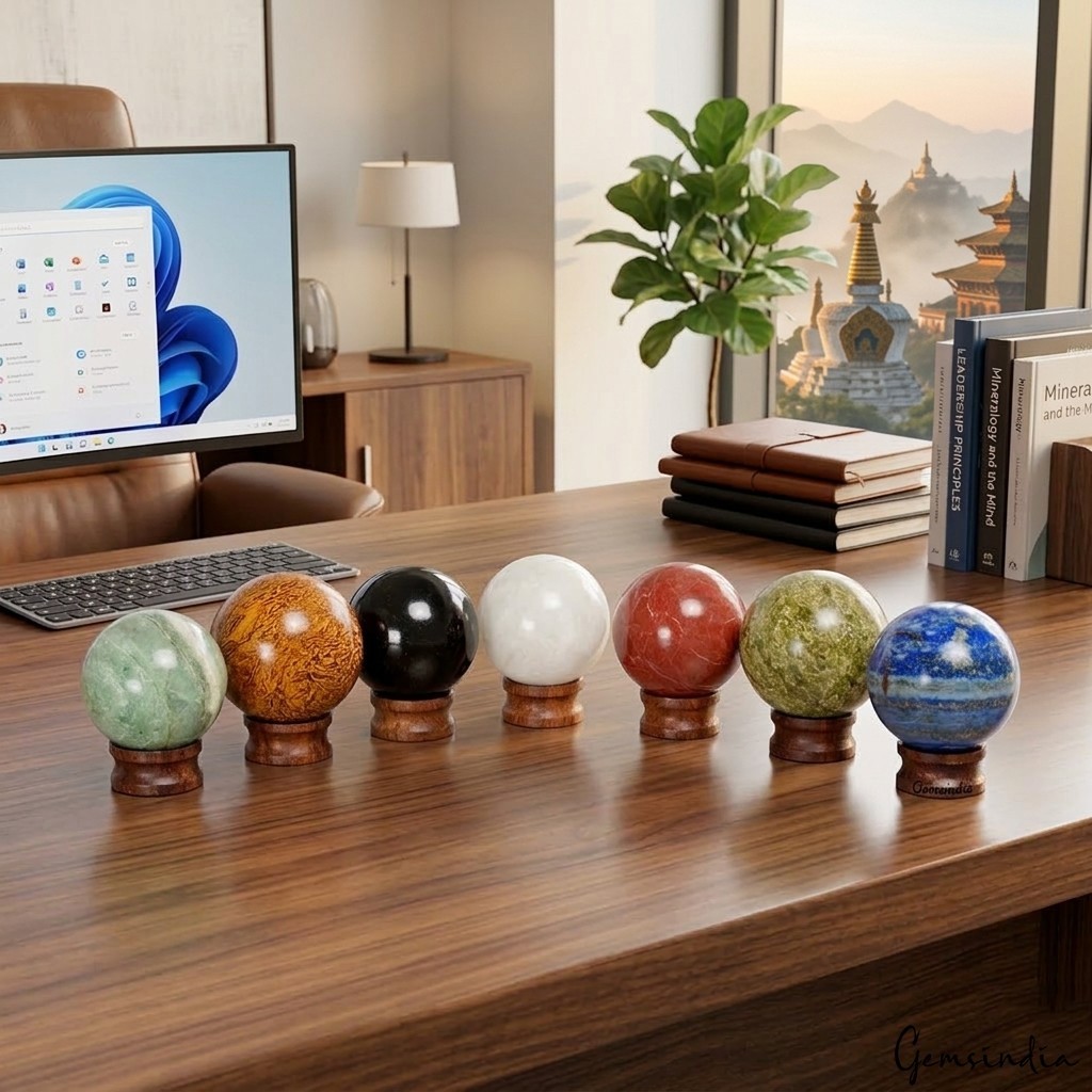 4880 Ct 7 Pcs Set Of Multigems Crystal Sphere Ball Polished Healing w/ Stand