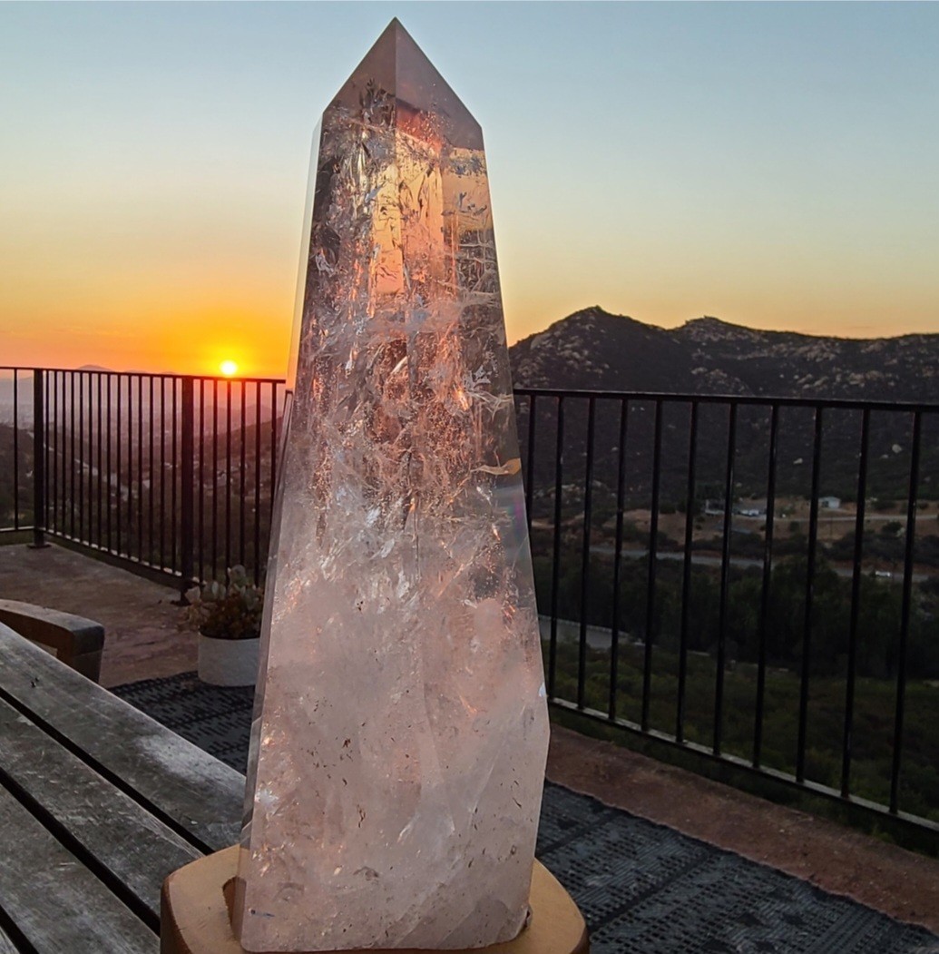Clear Quartz Crystal Point/Tower Display Specimen w/ Wooden Stand, 12 in.