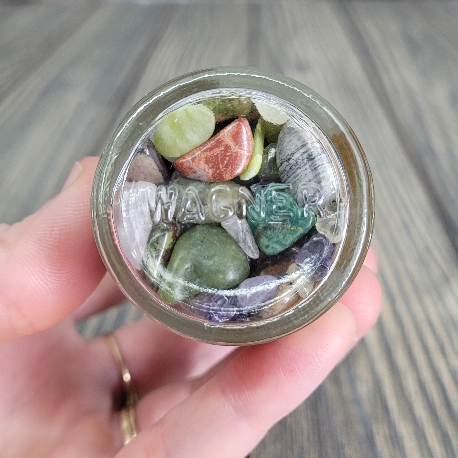 1/4lb Crystals in Vintage Wagner Glass Apothecary Spice Jar Witchy Decor Tumbles