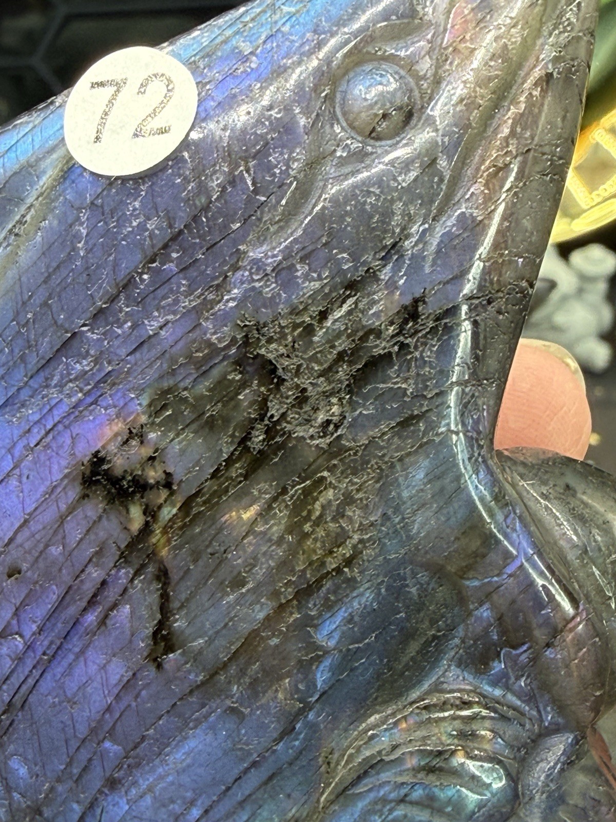 Natural Labradorite harbor porpoise Carving w/ custom stand Rainbow/Purple Fash