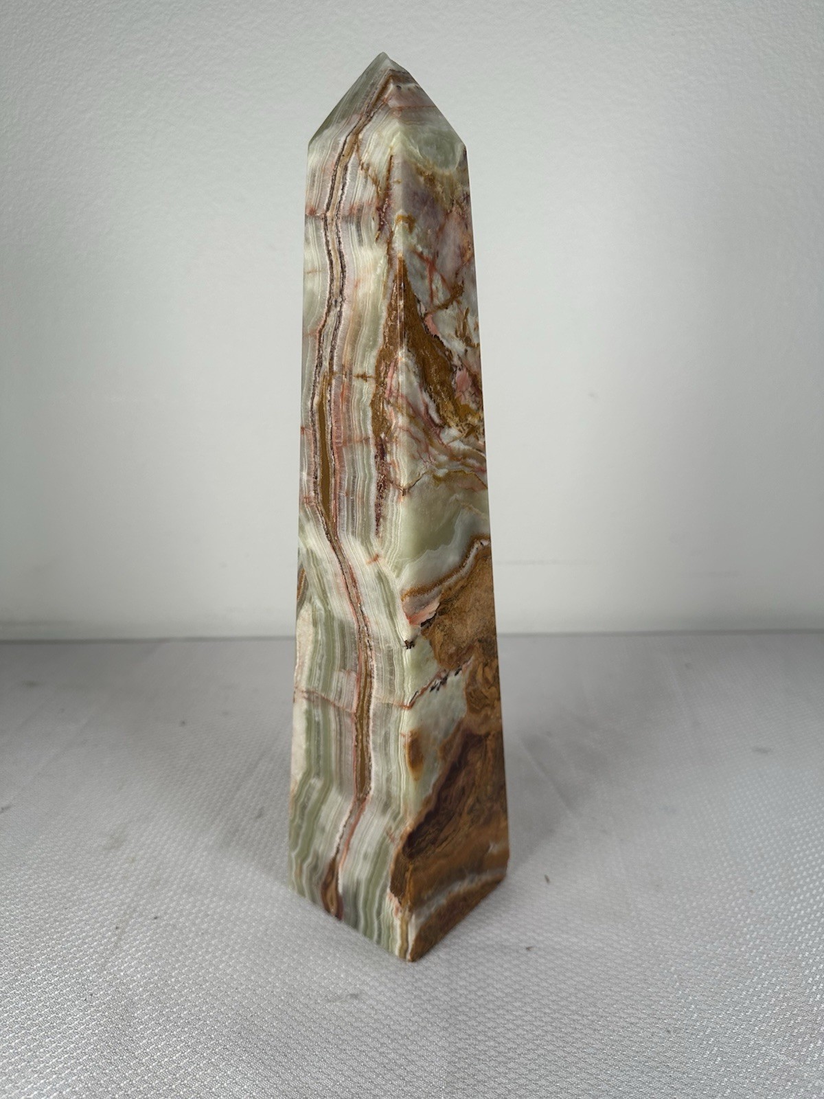 Natural Banded Onyx Green Brown White Obelisk Tower HEAVY 13.5″ Tall Paperweight