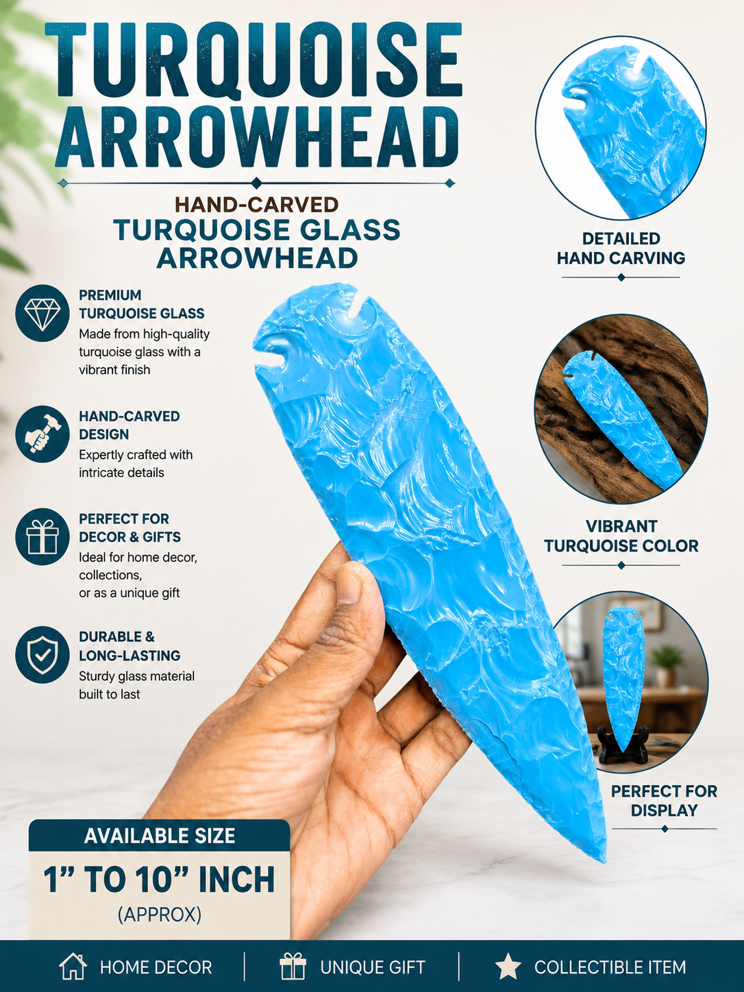 Large Turquoise Glass Arrowhead, Handmade Gemstone Spear Point, Tribal Art Decor