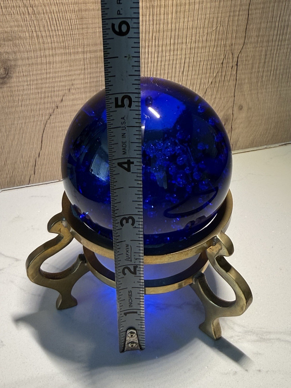 COBALT BLUE CRYSTAL GLASS BALL with BRASS STAND Fortune SPHERE Bubbles