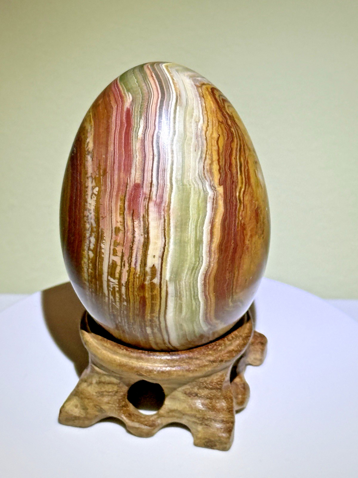 VIVID Multicolor Banded Onyx Egg with Wooden Stand