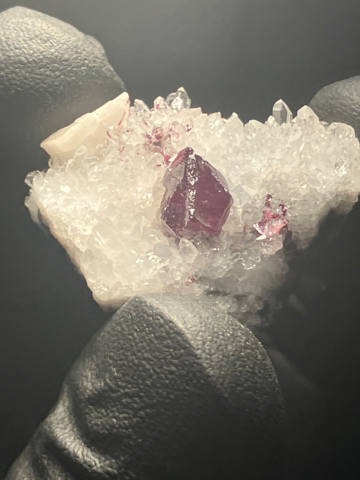 Pristine Cinnabar “drillbit” on Quartz, Calcite Tongren Mine Wanshan dist. China