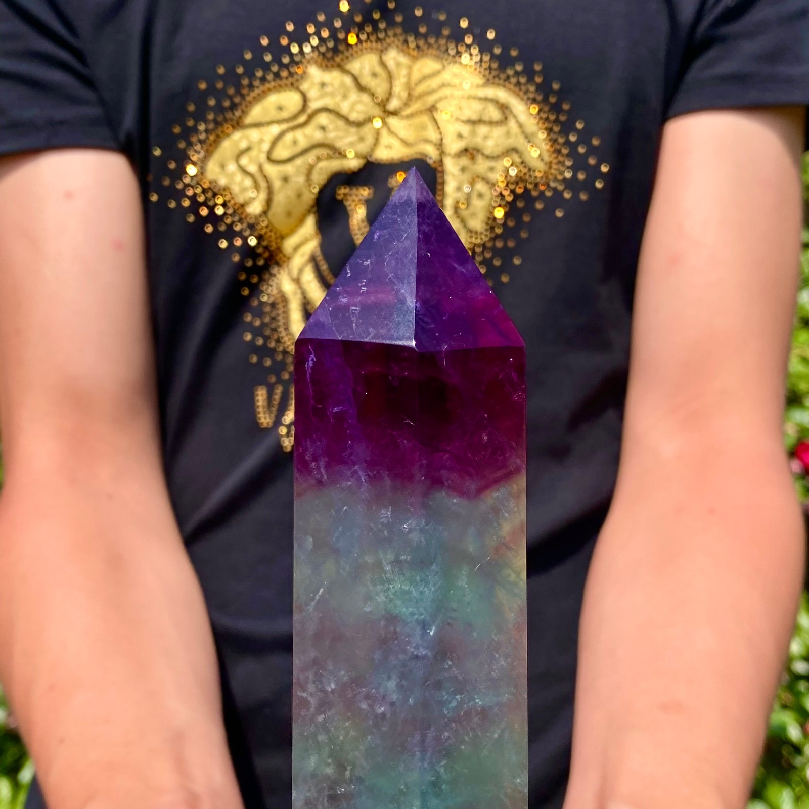 1.8LB Natural rainbow fluorite obelisk quartz crystal wand point Gem Healing