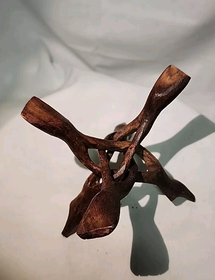 6 3/8” W Wooden Tripod Stand Orb Holder Wood Intertwined Carved Crystal Shell