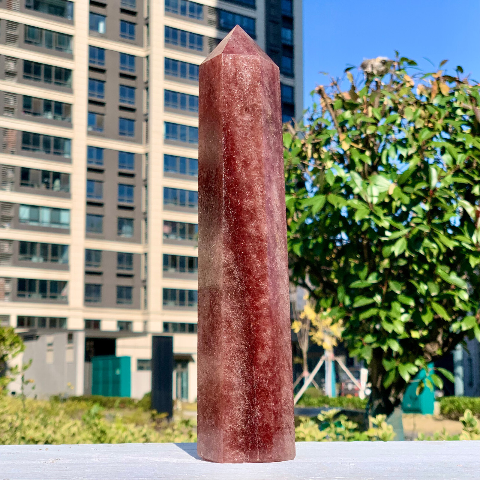 2.02LB Natural Large Strawberry Quartz Crystal Tower Point Obelisk Red Chakras