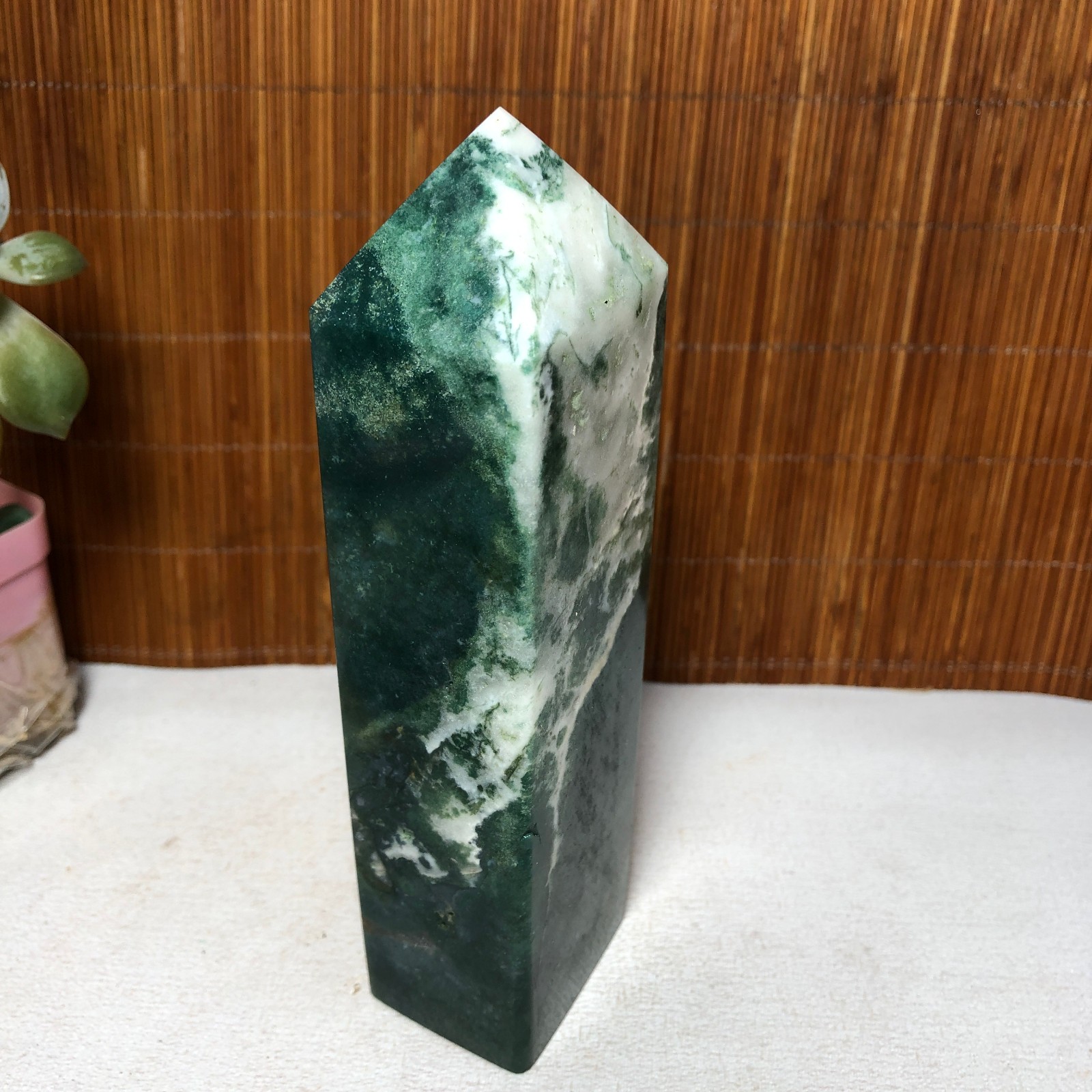 150mm Natural Polish Moss Agate Multiple veins Crystal Wand free standing A2284