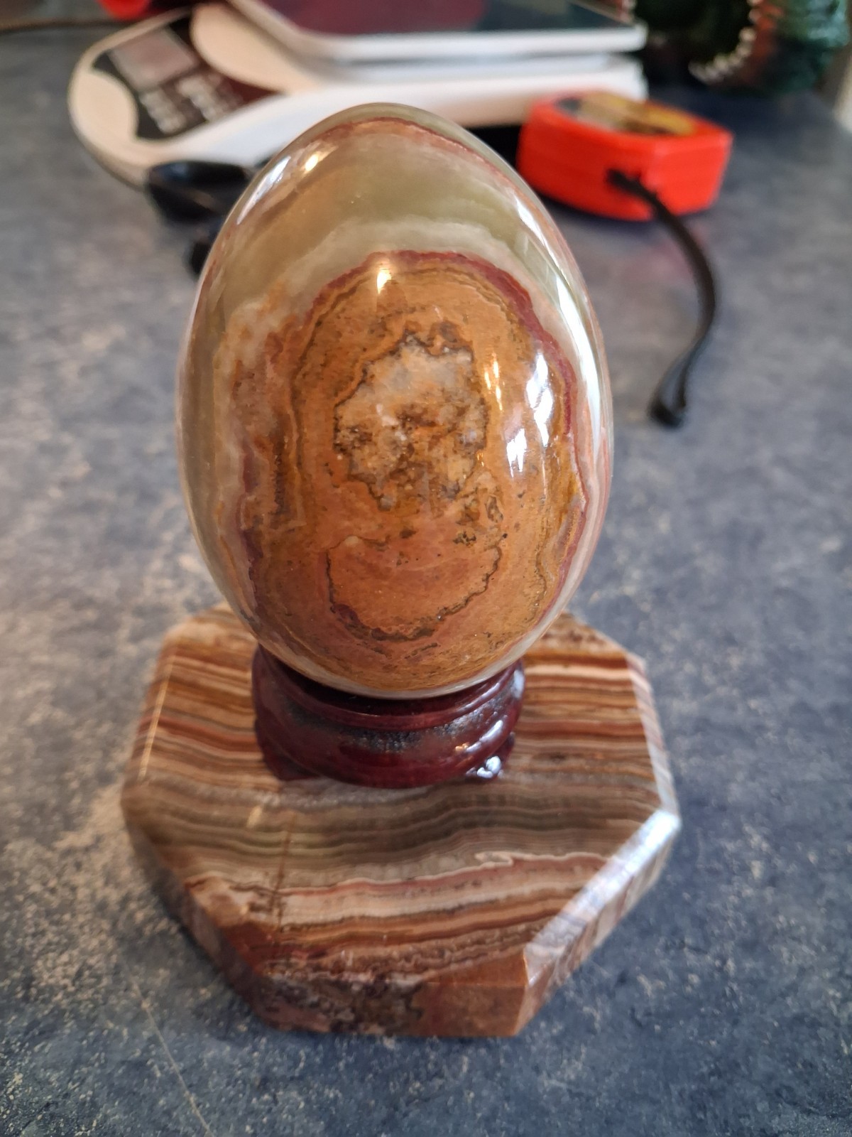 Banded Onyx Polished Egg Displayed on Hexagon Onx Base W/Wood Stand Beautiful!