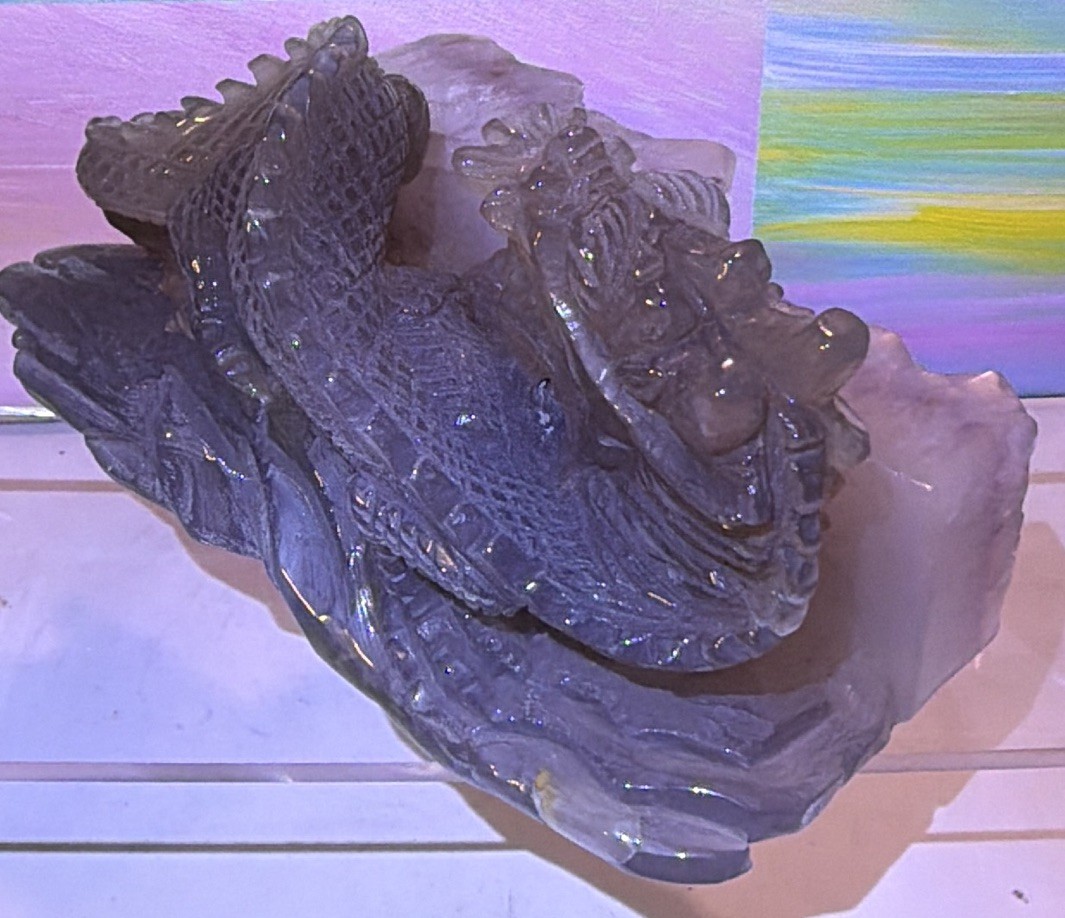 Carved Dragon Figure on Quartz Crystal Cluster Base Decorator Piece, 6 in