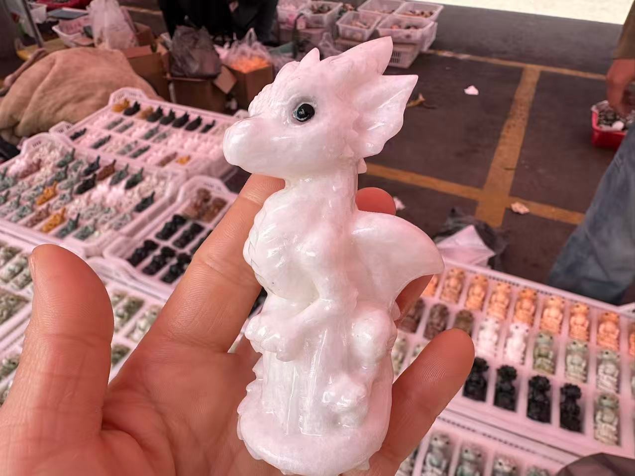 1pc Natural White Jade Quartz Carved Little Dragon Crystal Reiki Healing Decor