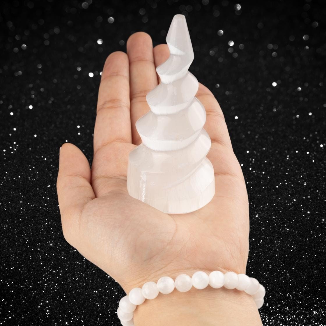 Selenite Tower Spiral 4″, Healing Crystal for Cleansing, Meditation & Protection