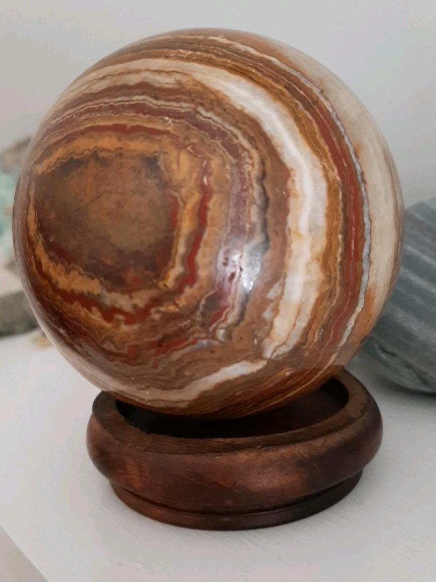 Banded Onyx Sphere Brown Tone Polished Stone Orb 3″ With Wood Stand
