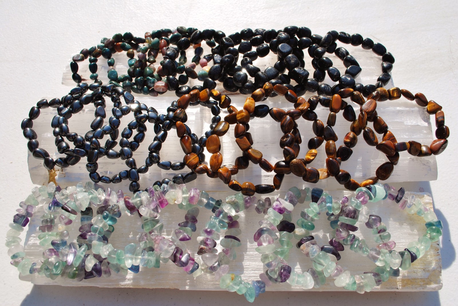 CHARGED Goldsheen Rainbow Obsidian Crystal 8mm Stretchy Bracelet +Selenite Heart