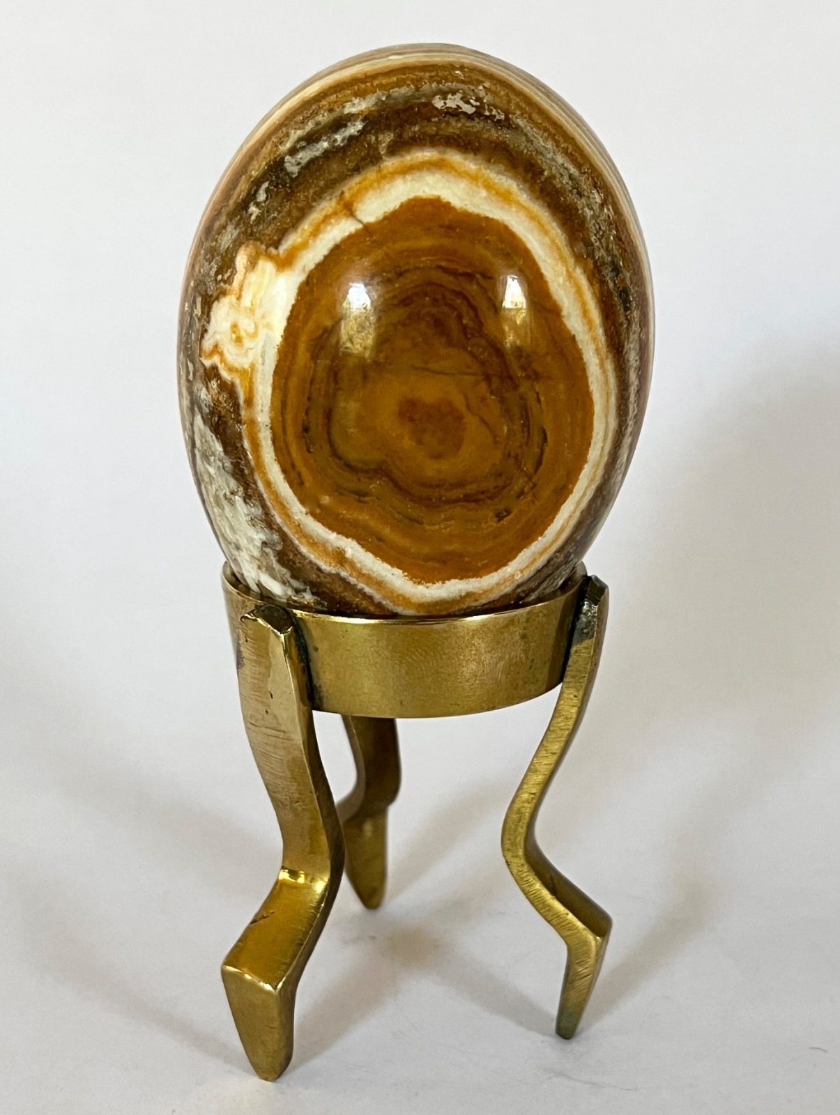 Polished Banded Onyx Stone 3″ Tall Egg on Brass Stand, Protection Stone