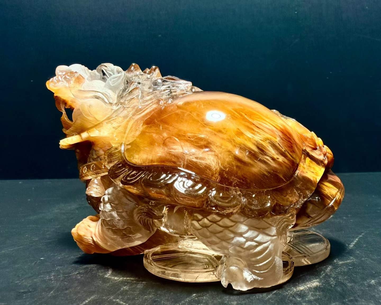 3.21LB Natural Hare fur crystal Quartz Carved dragon turtle Reiki Decor+Stand