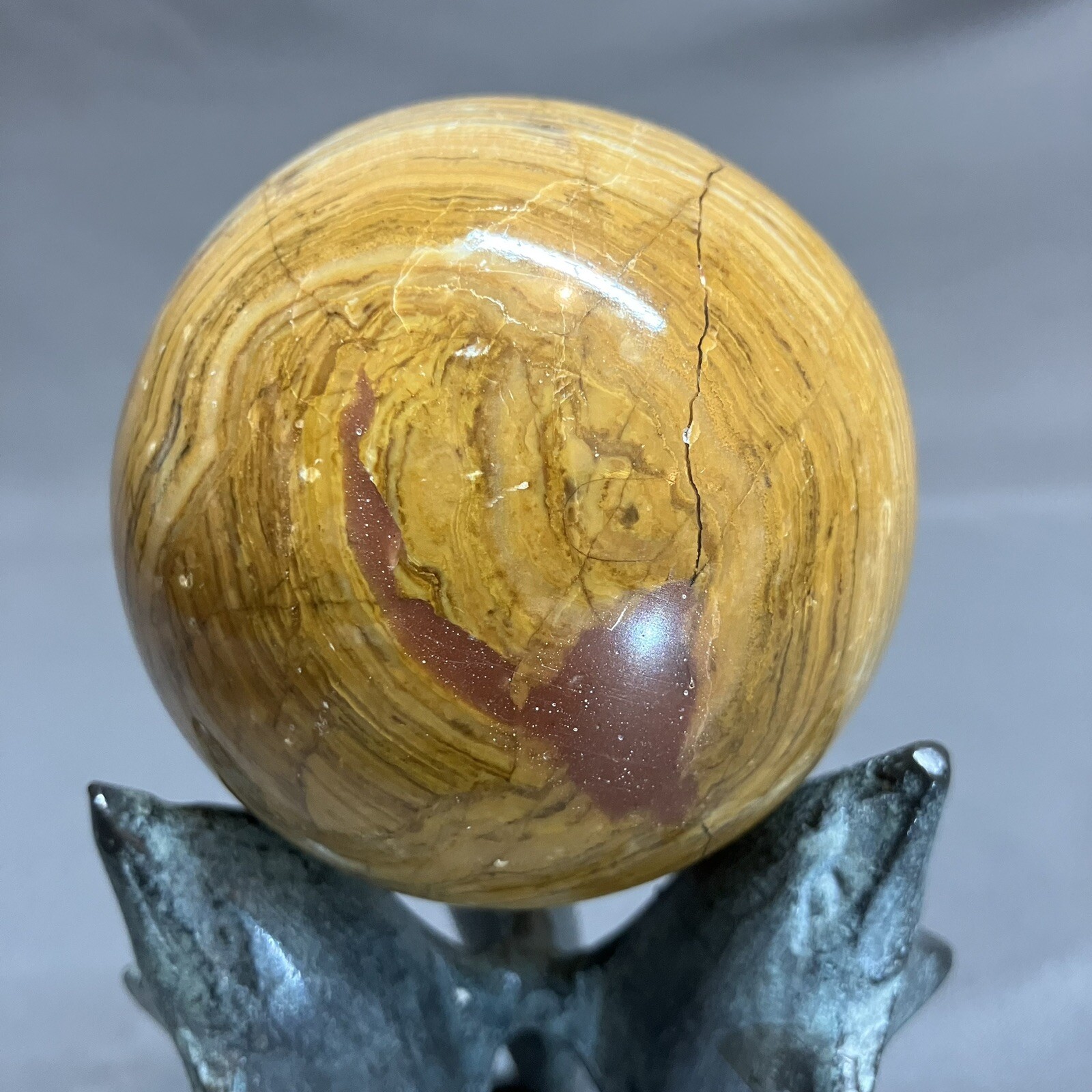 3” Banded Gemstone Dolphin Stand / Onyx ? Stone / Sphere Ball / 76mm / REPAIRED