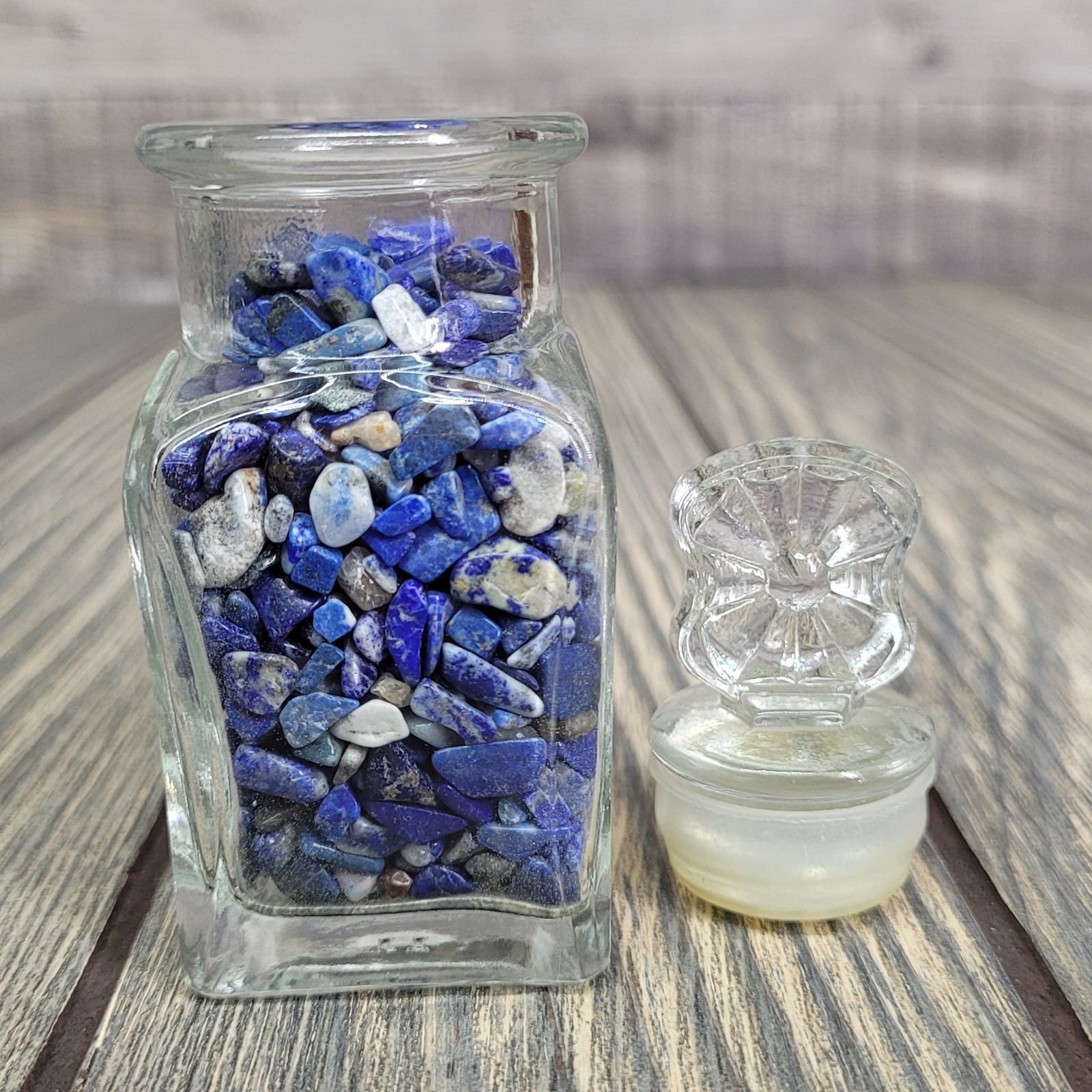3.5 oz Lapis Lazuli Crystal Tumbled Chips in Vintage Ornate Apothecary Glass Jar