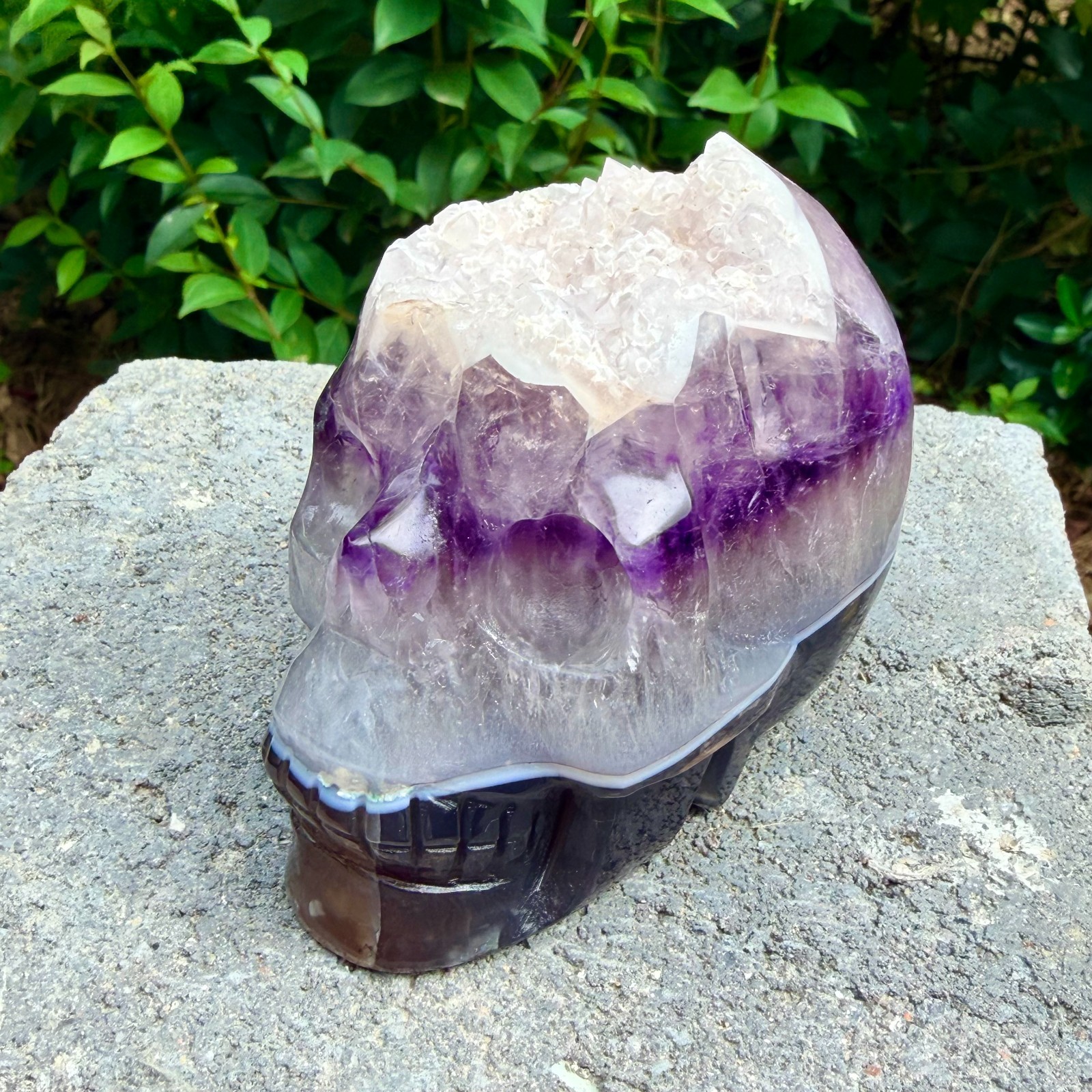 1.43lb Amethyst agate crystal cave skull, Rare hand carved skull specimen