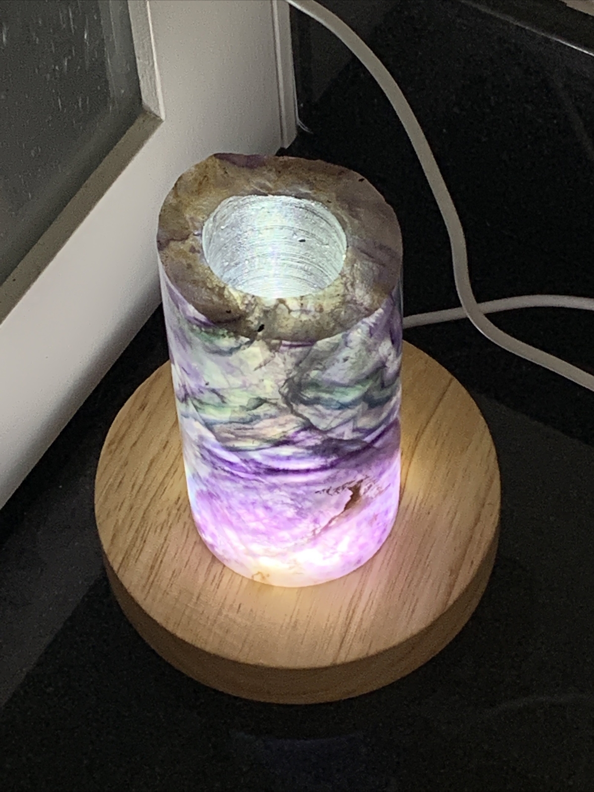 Rainbow Fluorite 4.25” Heavy Hollow Cylinder Night Light With LED Sphere Stand