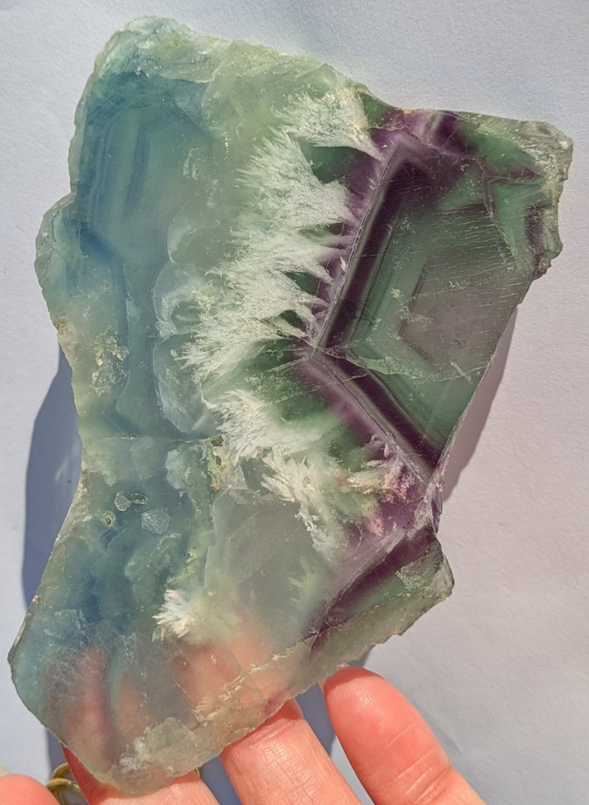 Purple Green Fluorite geometric banding w/snowflake feather slab crystal Unique!
