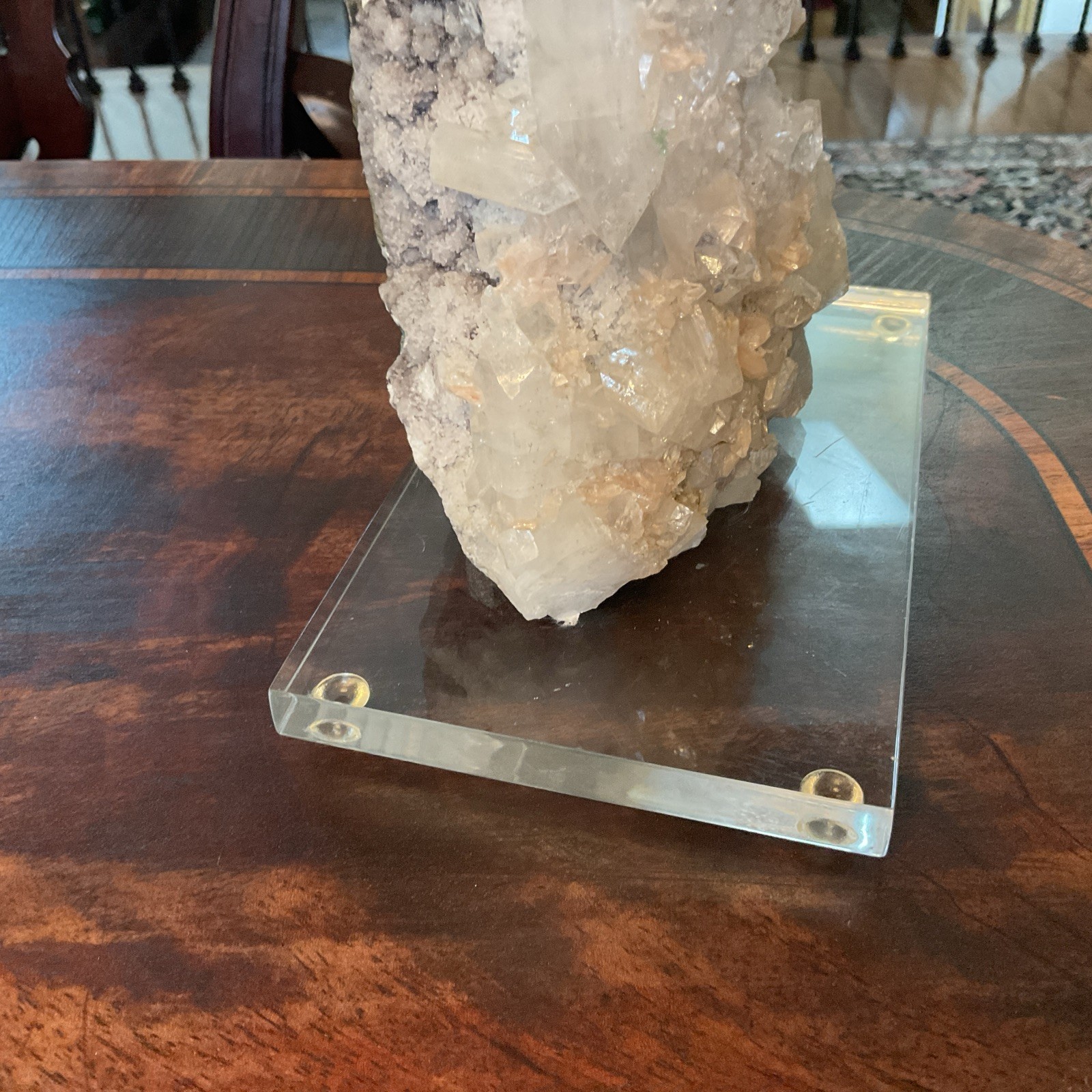 Large Quartz Crystal Cluster w/ White & Peach Minerals Lucite Display 7.5” Tall