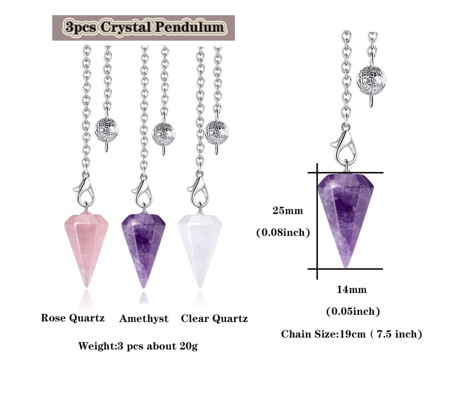 3 Pcs Crystal Pendulums Set for Divination Dowsing Natural Amethyst Rose Quar…