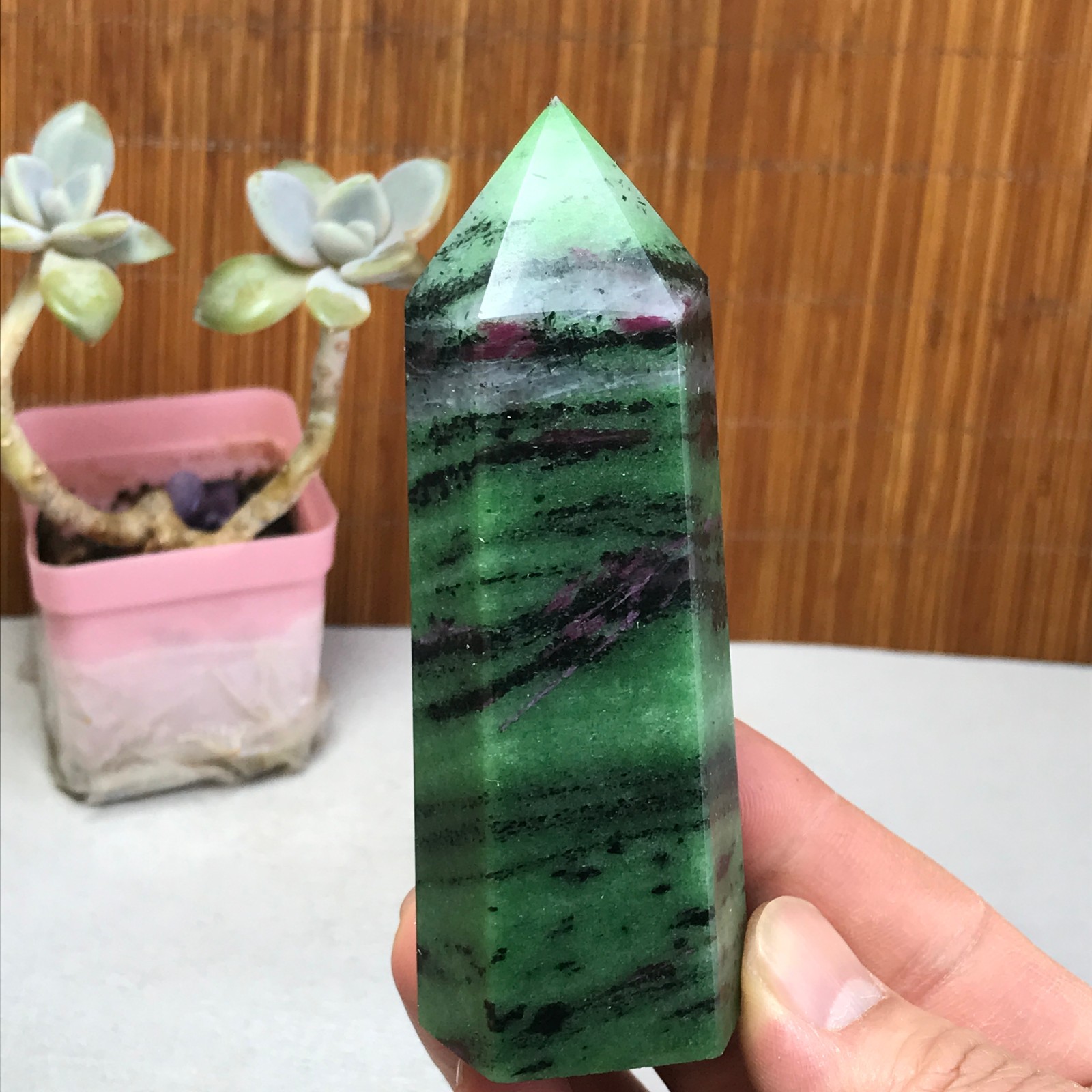 101-35-28mm Natural epidote wand Obelisk Crystal Quartz specimens 210g A3467