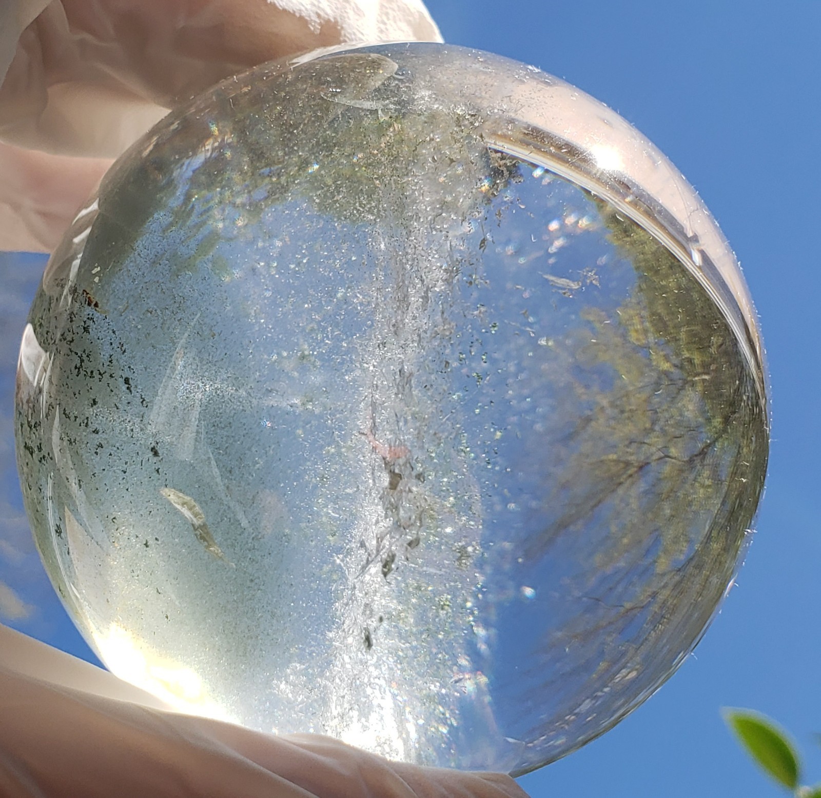 3″ Clear Green Garden Quartz Crystal Sphere Orb Ball Rainbows, 612g or 1.3 lbs