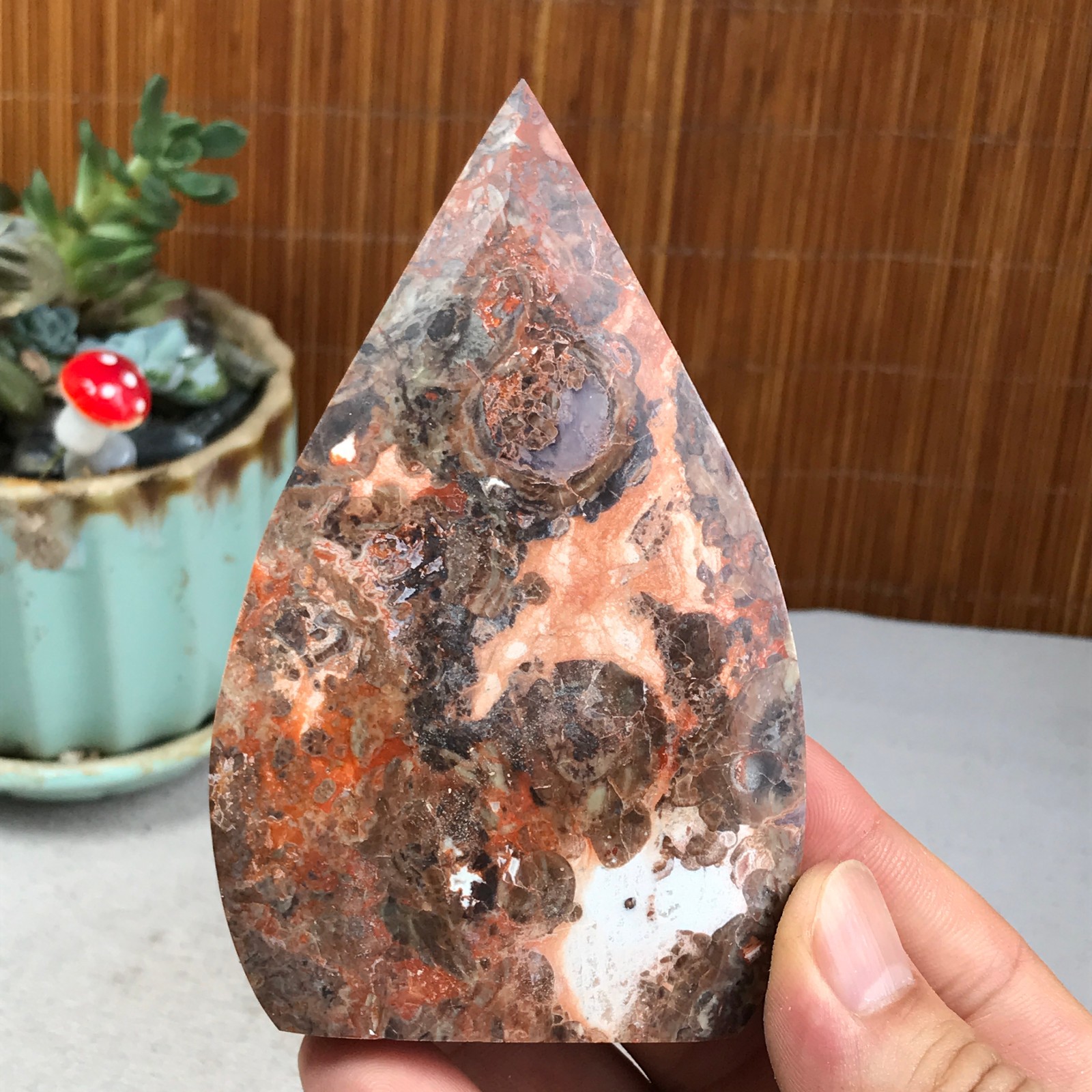 Natural money Mexico agate hand carve leaf Crystal Specimen free standing A6273