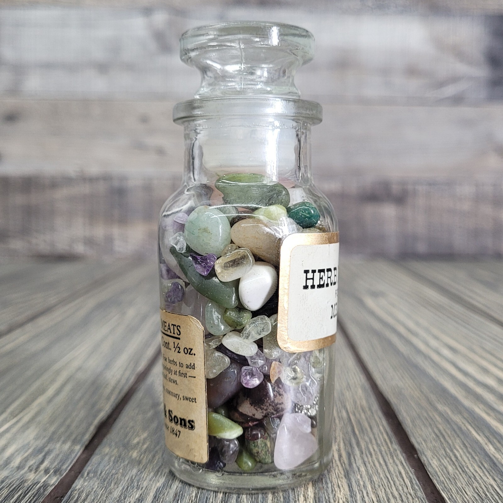 1/4lb Crystals in Vintage Wagner Glass Apothecary Spice Jar Witchy Decor Tumbles