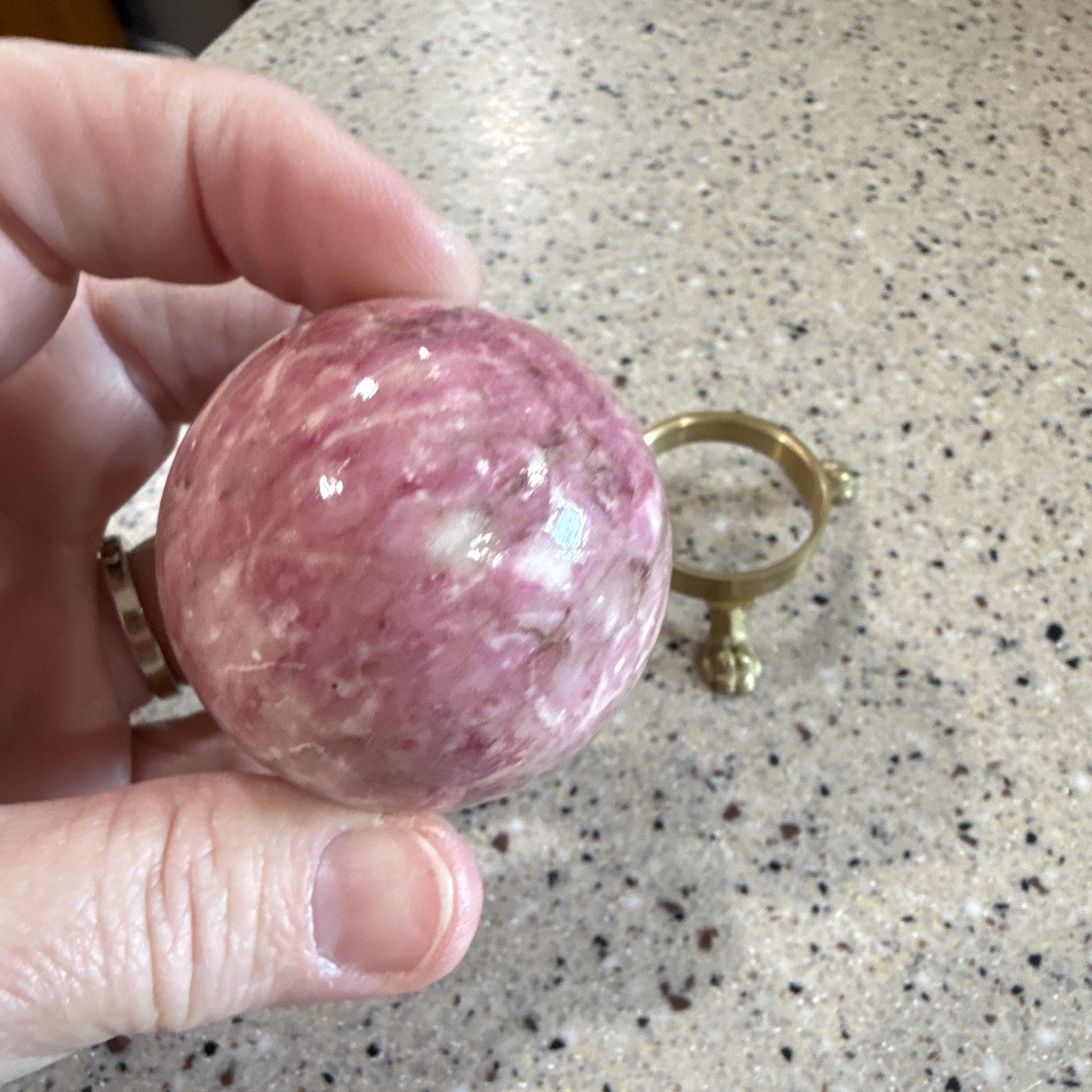 Polished Pink Crystal Mineral Egg Display Specimen on Brass Tone Stand