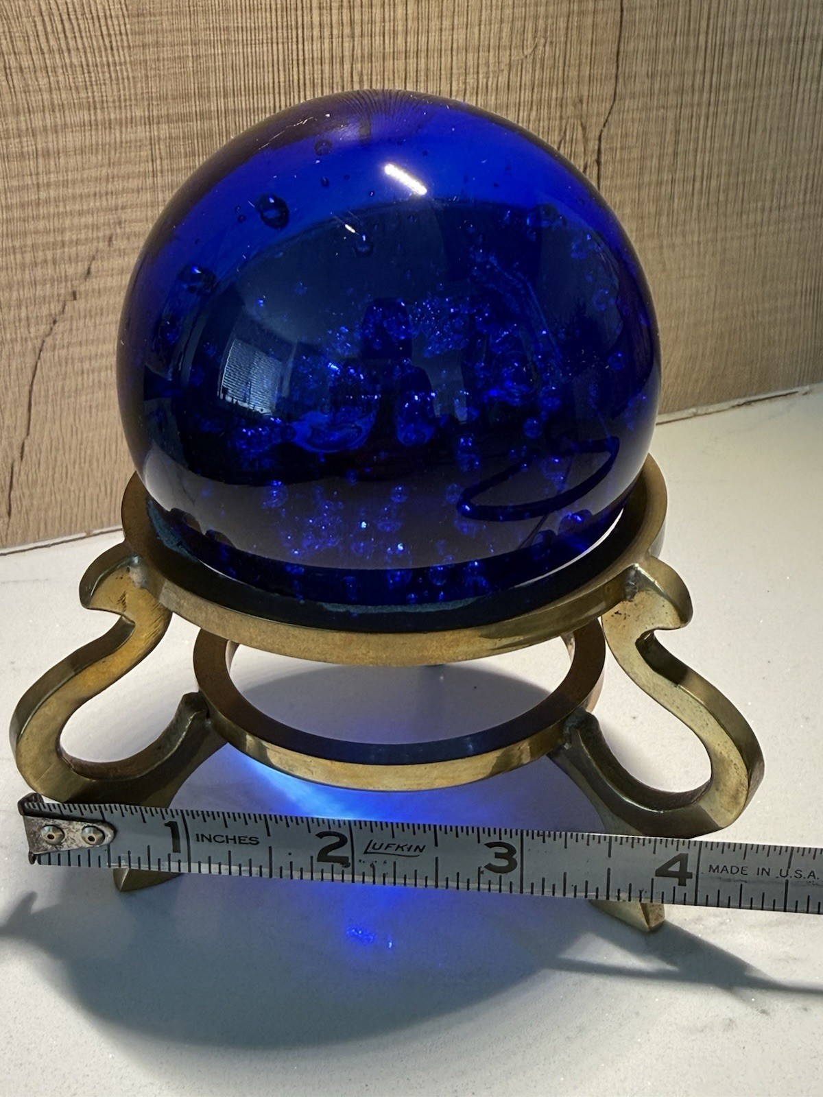 COBALT BLUE CRYSTAL GLASS BALL with BRASS STAND Fortune SPHERE Bubbles