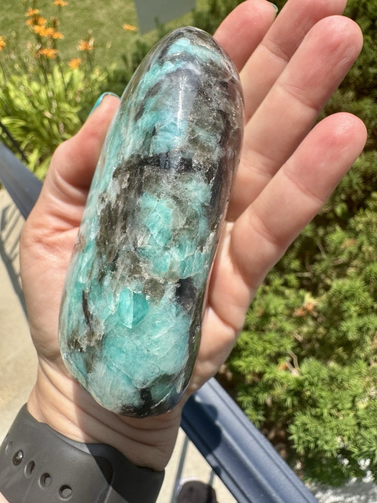 Vibrant Polished amazonite With Smoky Quartz Freeform.
