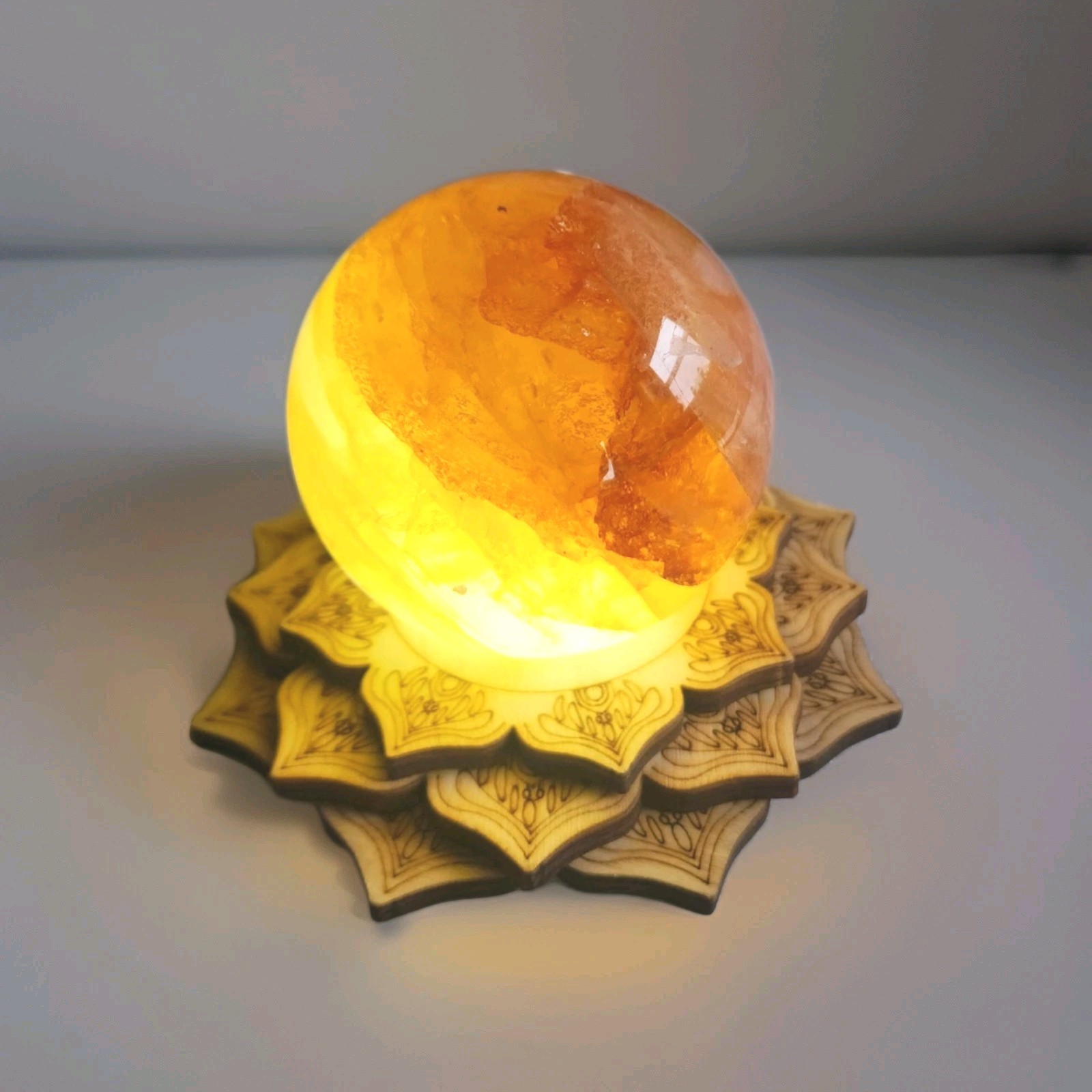 Natural Polished Yellow Fire Quartz 2.5″ Sphere with Light Stand – USA